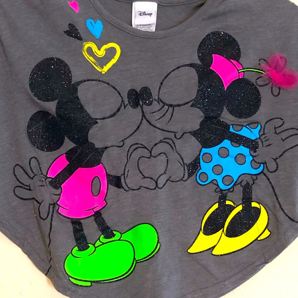 Disney Girls Size 4 Mickey & Minnie Glittery Neon Pullover Top Batwing S… - Picture 3 of 10